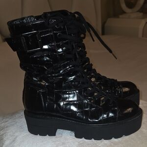 Stuart Weitzman Glossy Leather Black Combat Boots